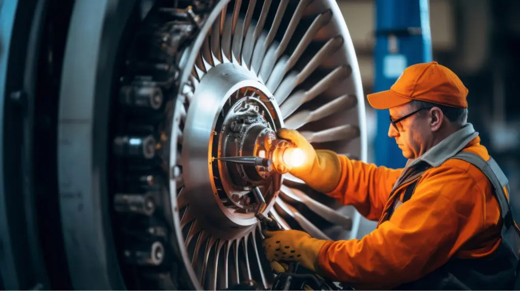 An aircraft technician is repairing a plane turbine