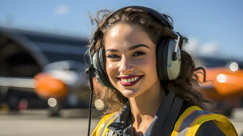 une femme souriante travaillant à l'aéroport, portant un uniforme et des écouteurs ou un équipement de protection auditive de l'aéroport