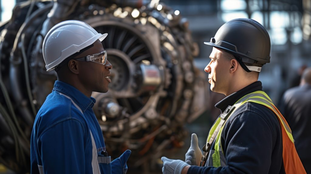 Two Engineer talking at engine airplane constructions site